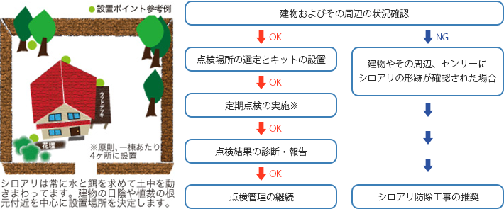 シロアリは常に水と餌を求めて土中を動きまわってます。建物の日陰や植栽の根元付近を中心に設置場所を決定します。