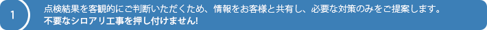 点検結果を客観的にご判断いただくため、情報をお客様と共有し、必要な対策のみをご提案します。不要なシロアリ工事を押し付けません!
